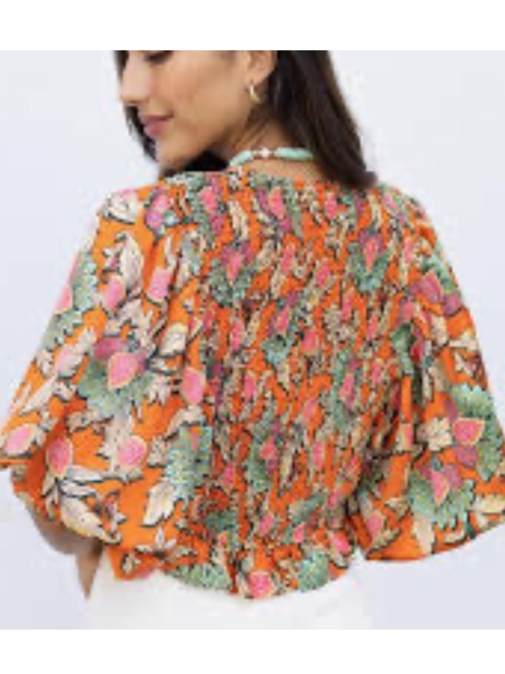 New THML Statement Orange Floral Paisley Smocked V-Neck Crop Top W Puff Sleeves